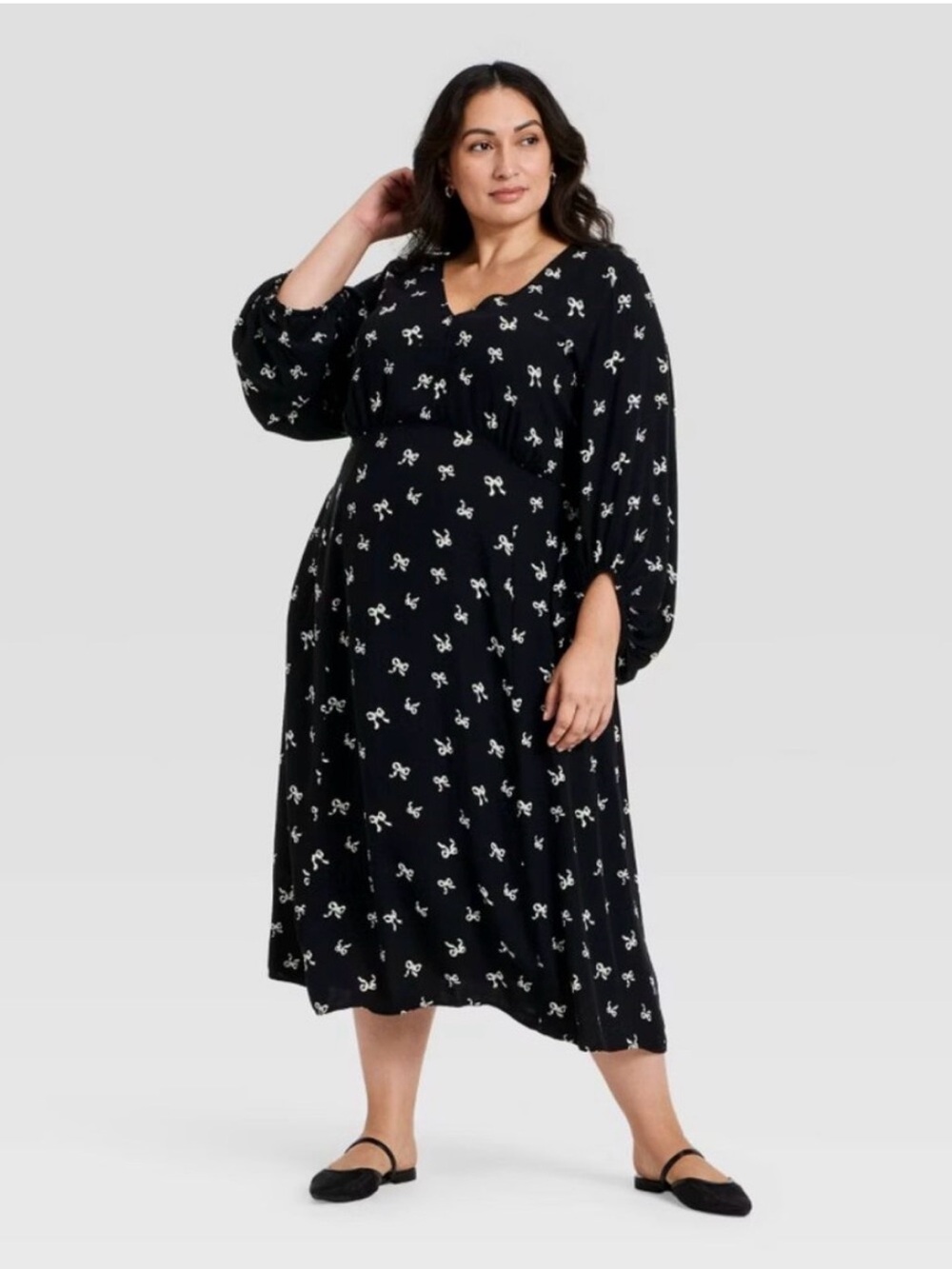 Ava & Viv Women’s Plus 2X Black Bow Print Bishop Long Sleeve Midi Coquette Dress